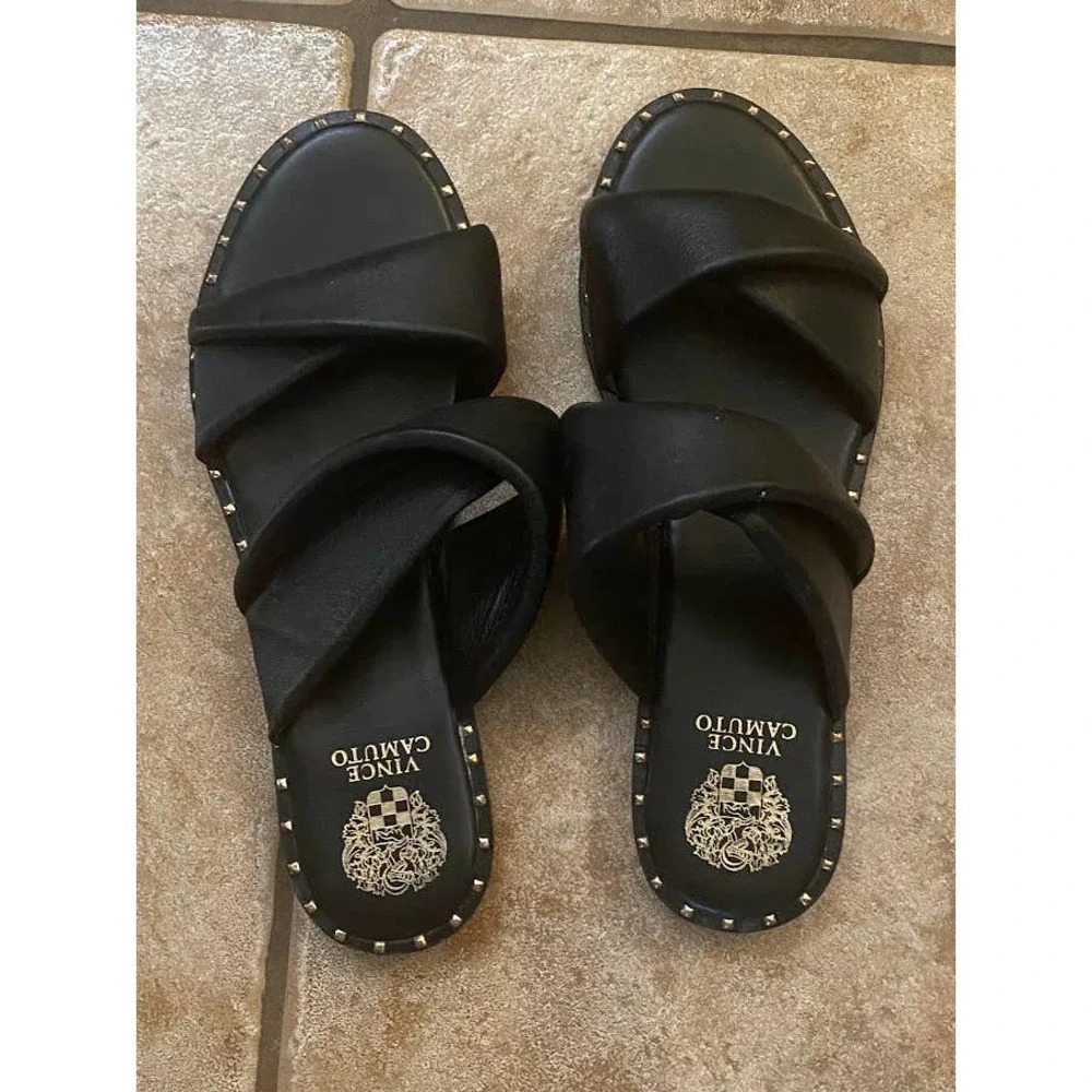 Vince Camuto Women's Black Leather Sandals Size 9m Casual Slip ons Open Toe Wear - Picture 2 of 12